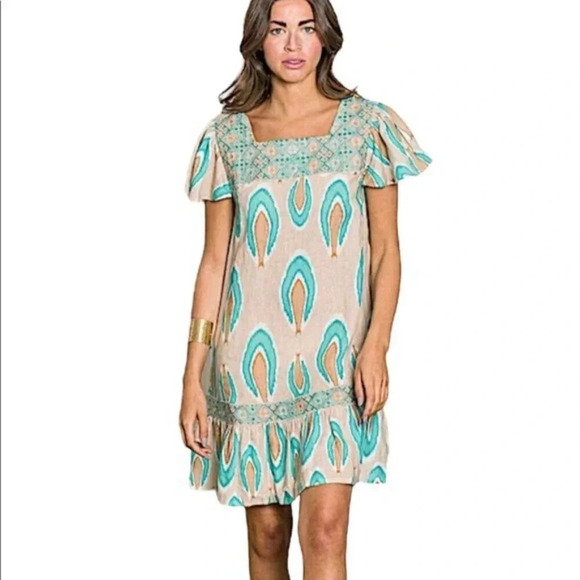 NIMO WITH LOVE Linen Bouganvilla Ikat Print Dress Size XS - Picture 1 of 13